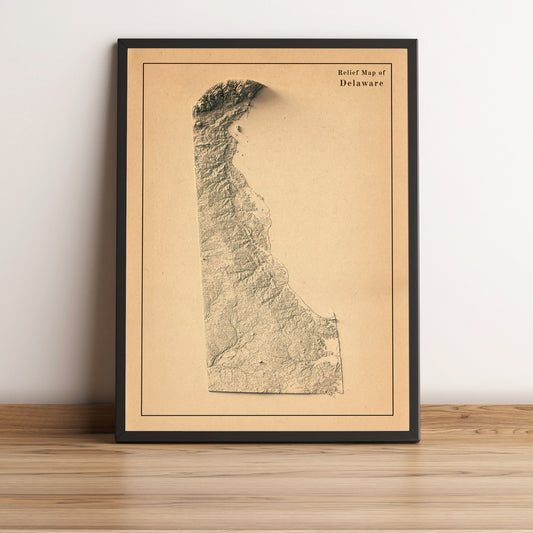 Delaware (USA) vintage framed shaded relief map in black frame. Artistic print highlighting mountains with a realistic terrain effect