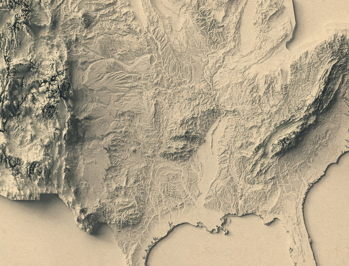 Detailed close-up of a United States (USA) relief map, showcasing textured topography and geographic contours