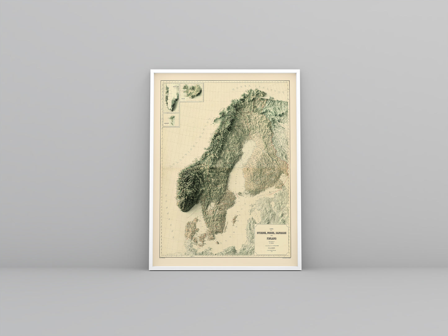 Scandinavia vintage framed shaded relief map in white frame. Artistic print highlighting mountains with a realistic 3d effect