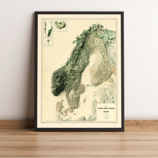 Scandinavia vintage framed shaded relief map in black frame. Artistic print highlighting mountains with a realistic terrain effect