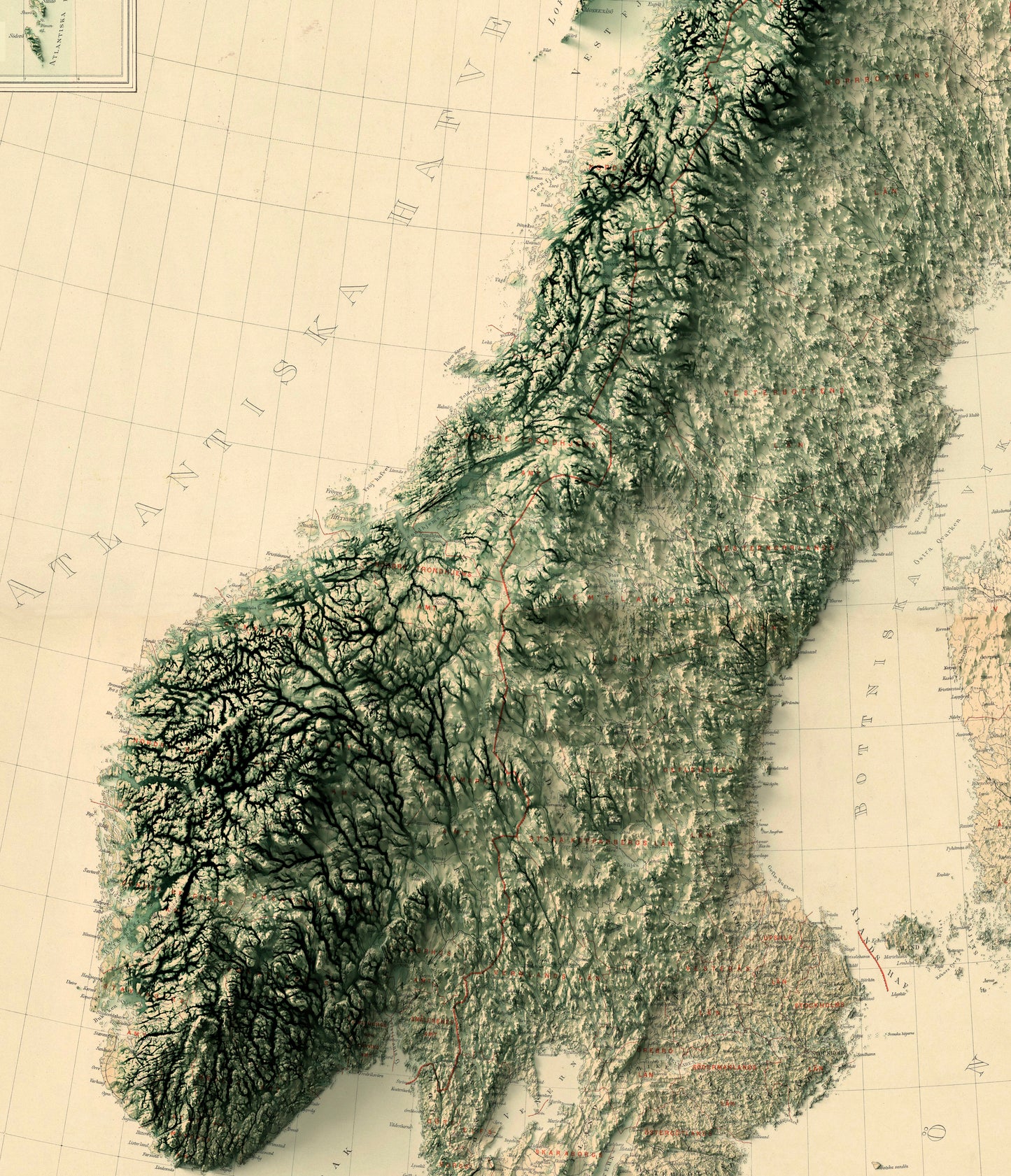 Detailed close-up of a vintage Scandinavia relief map, showcasing textured topography and geographic contours