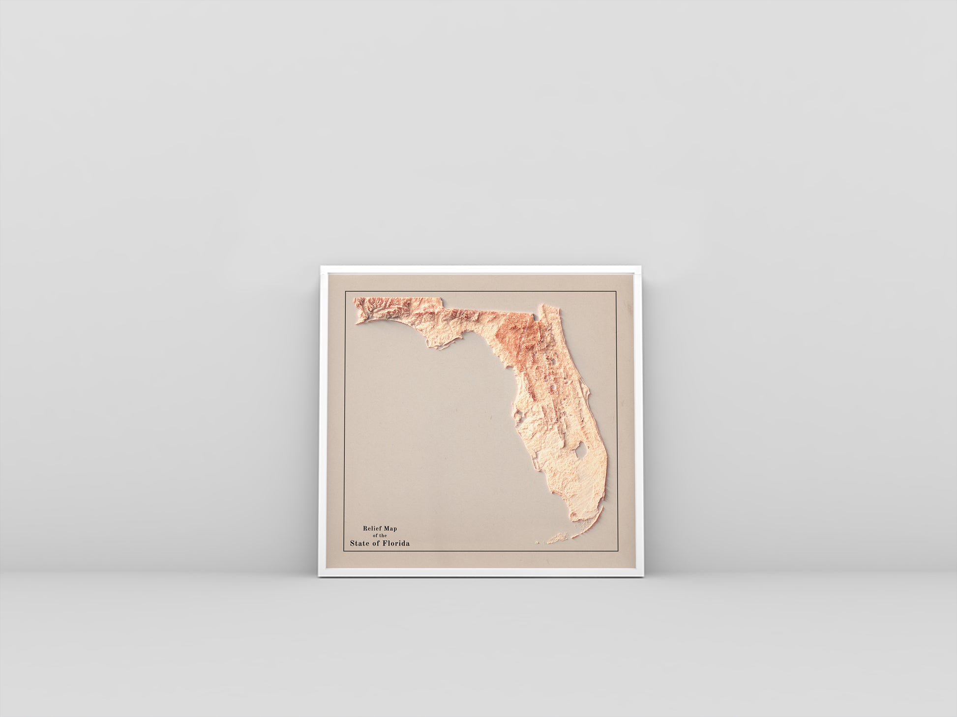 Florida (USA) vintage framed shaded relief map in white frame. Artistic print highlighting mountains with a realistic 3d effect