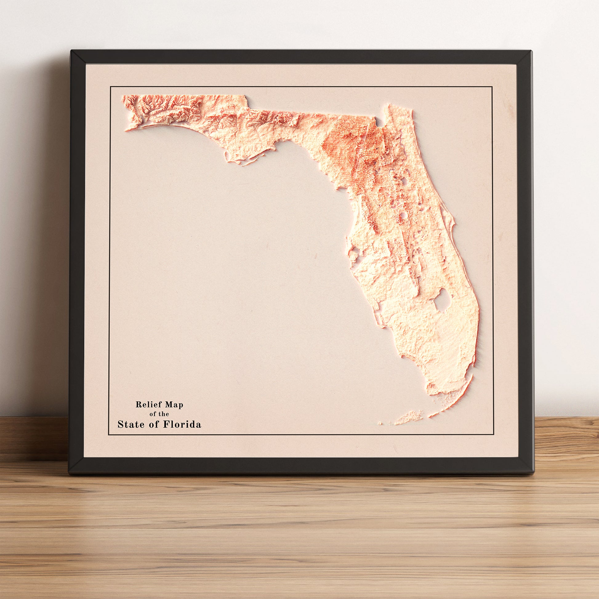 Florida (USA) vintage framed shaded relief map in black frame. Artistic print highlighting mountains with a realistic terrain effect