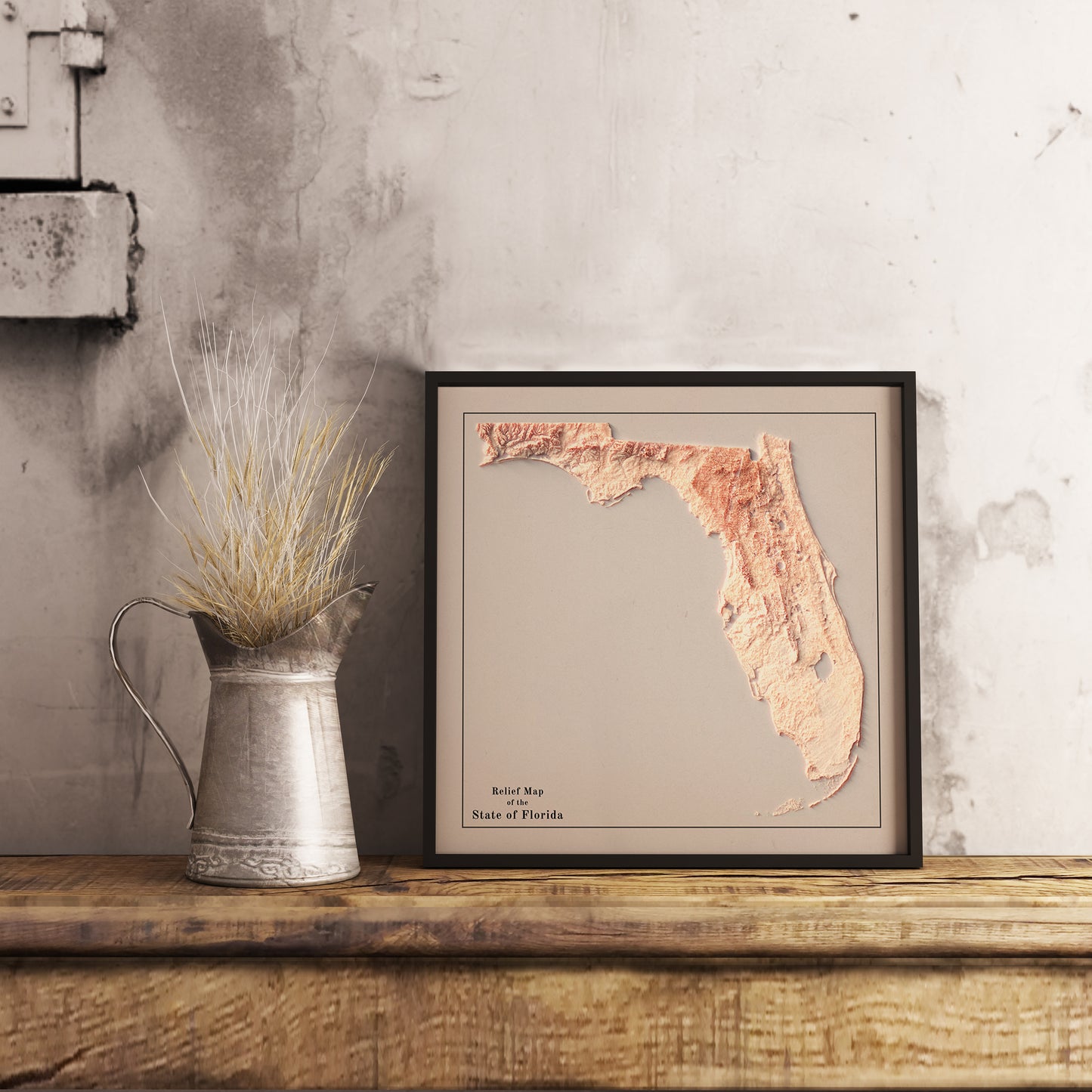 Vintage Florida (USA) shaded relief map in black frame. Realistic terrain art print for home decor, displayed on rustic wooden table