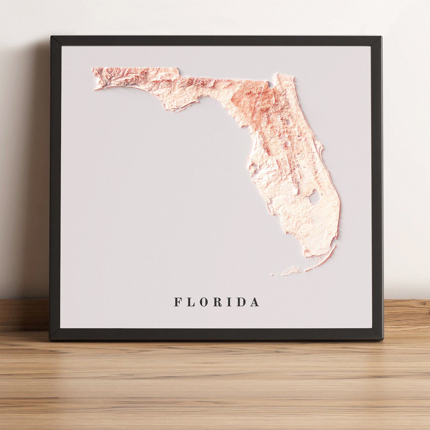 Florida (USA) vintage framed shaded relief map in black frame. Artistic print highlighting mountains with a realistic terrain effect