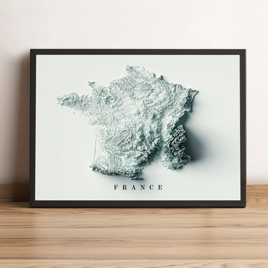 France framed shaded relief map in black frame. Artistic print highlighting mountains with a realistic terrain effect