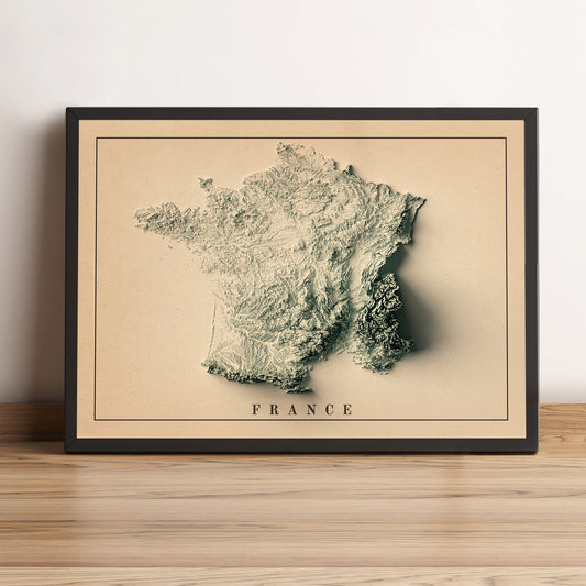 France vintage framed shaded relief map in black frame. Artistic print highlighting mountains with a realistic terrain effect