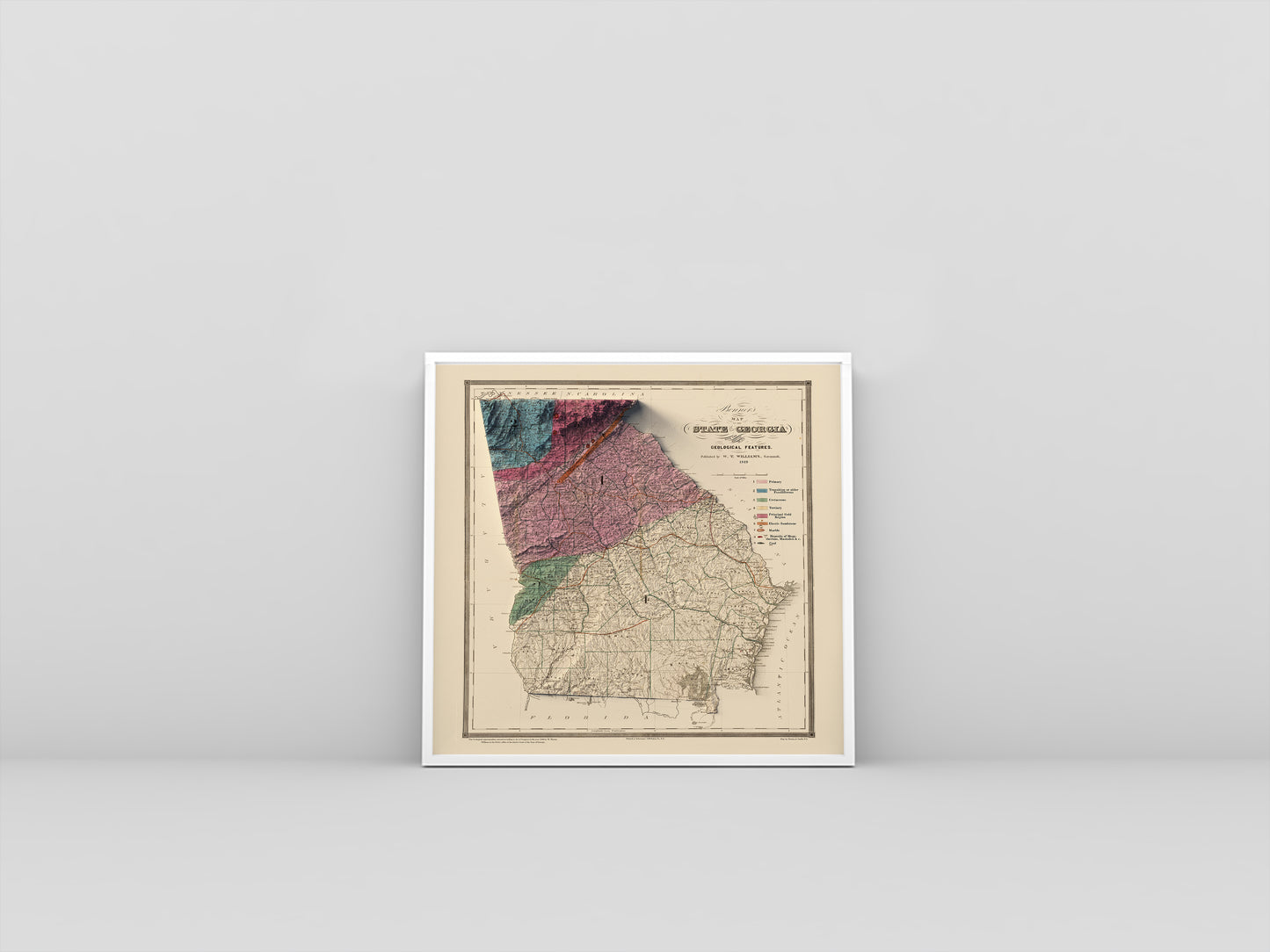 Georgia (USA) vintage framed shaded relief map in white frame. Artistic print highlighting mountains with a realistic 3d effect