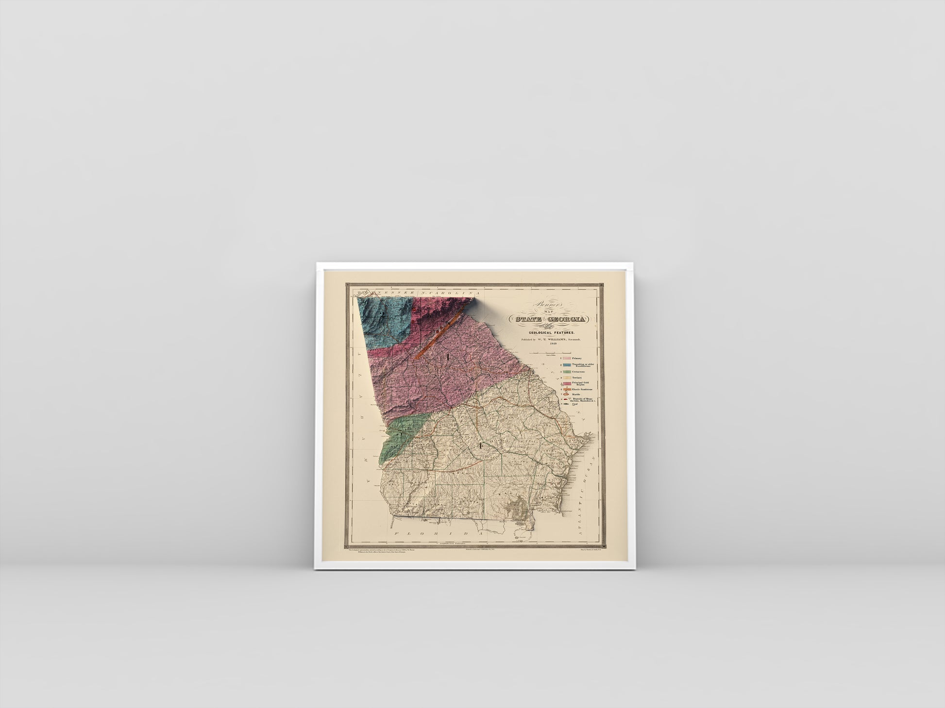 Georgia (USA) vintage framed shaded relief map in white frame. Artistic print highlighting mountains with a realistic 3d effect