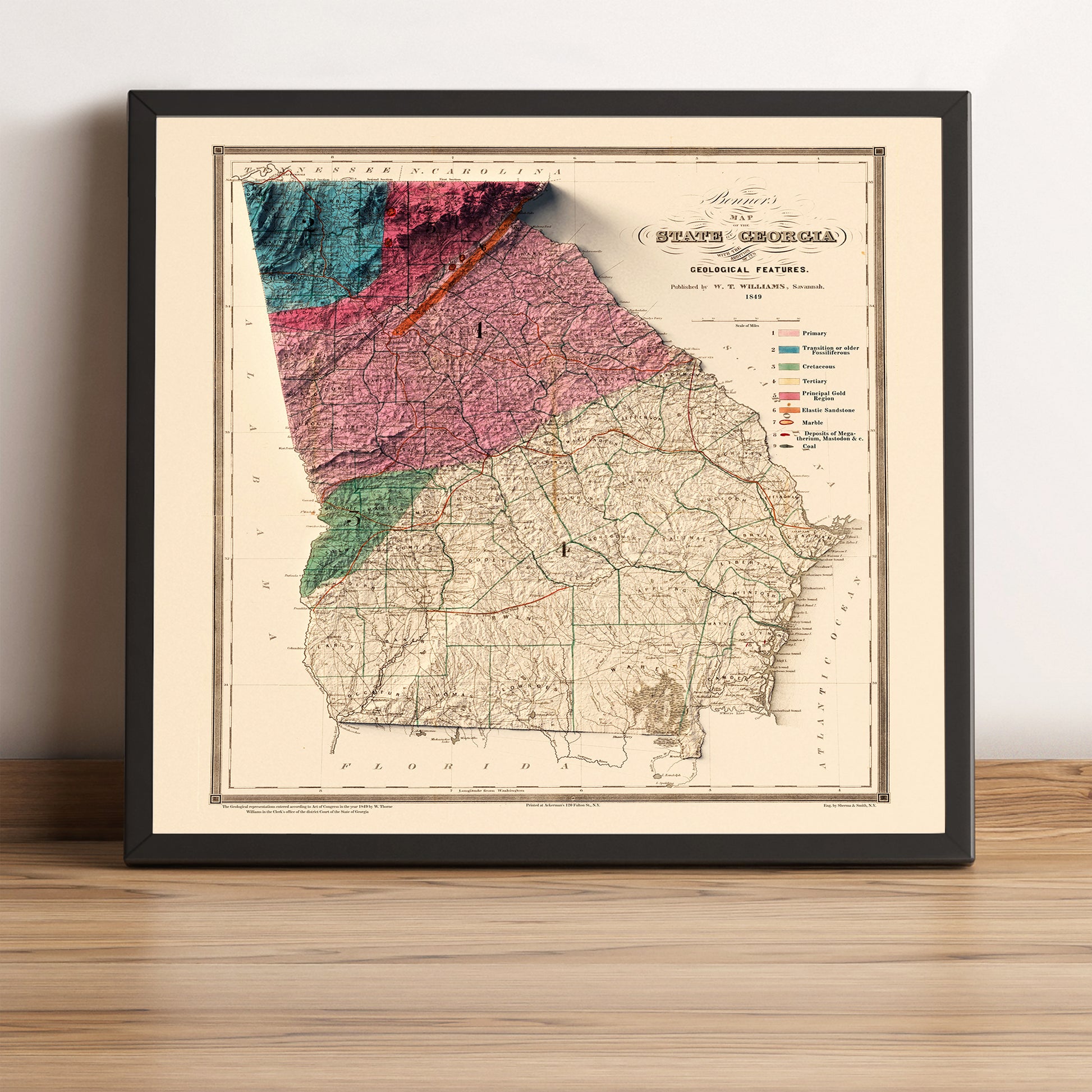 Georgia (USA) vintage framed shaded relief map in black frame. Artistic print highlighting mountains with a realistic terrain effect
