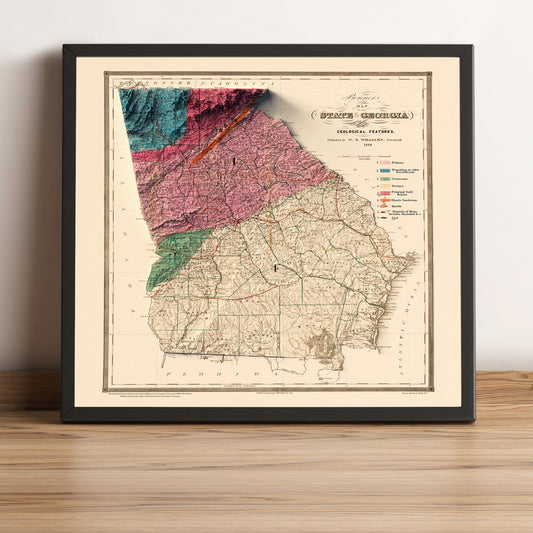 Georgia (USA) vintage framed shaded relief map in black frame. Artistic print highlighting mountains with a realistic terrain effect