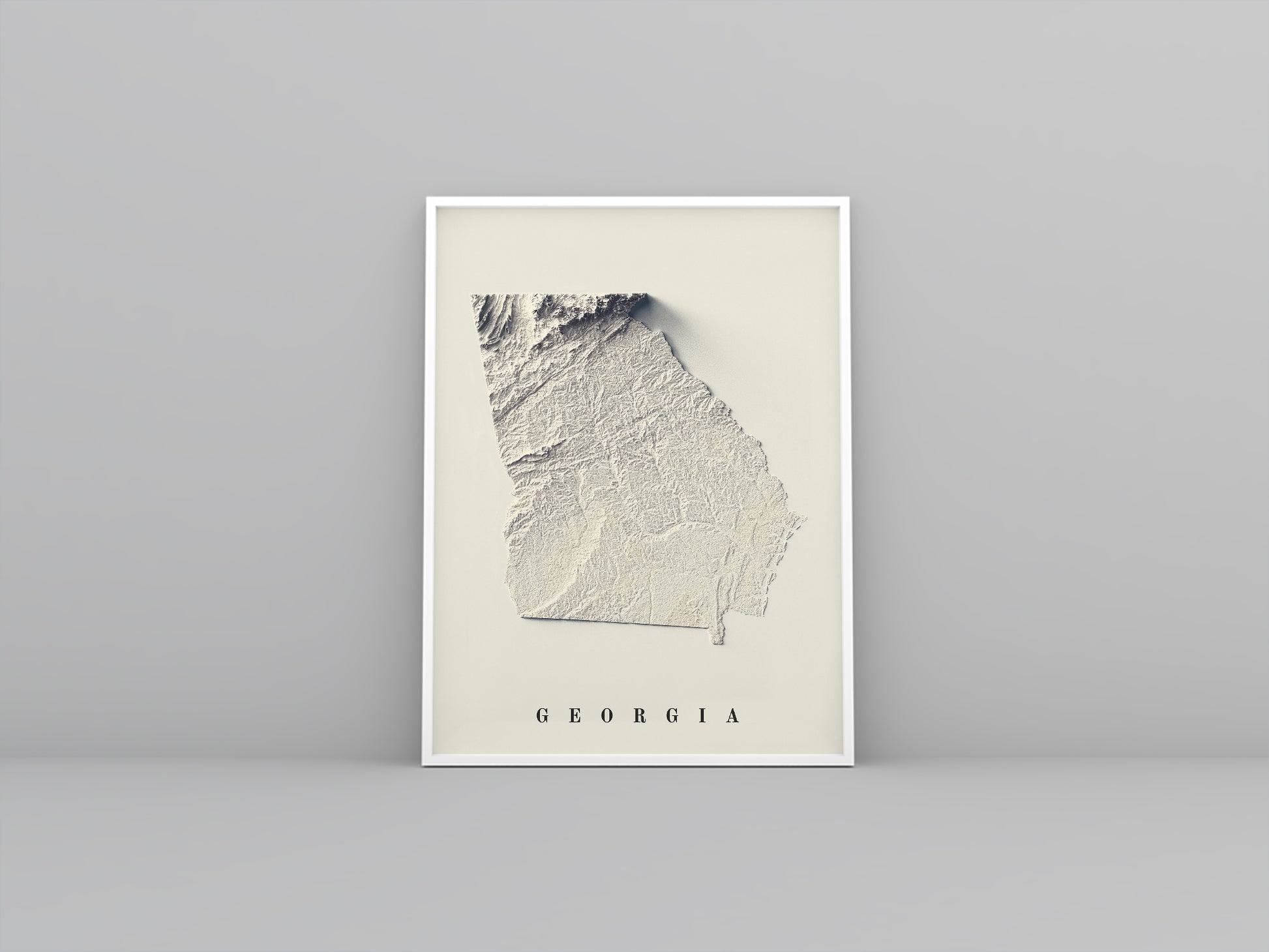 Georgia (USA) vintage framed shaded relief map in white frame. Artistic print highlighting mountains with a realistic 3d effect