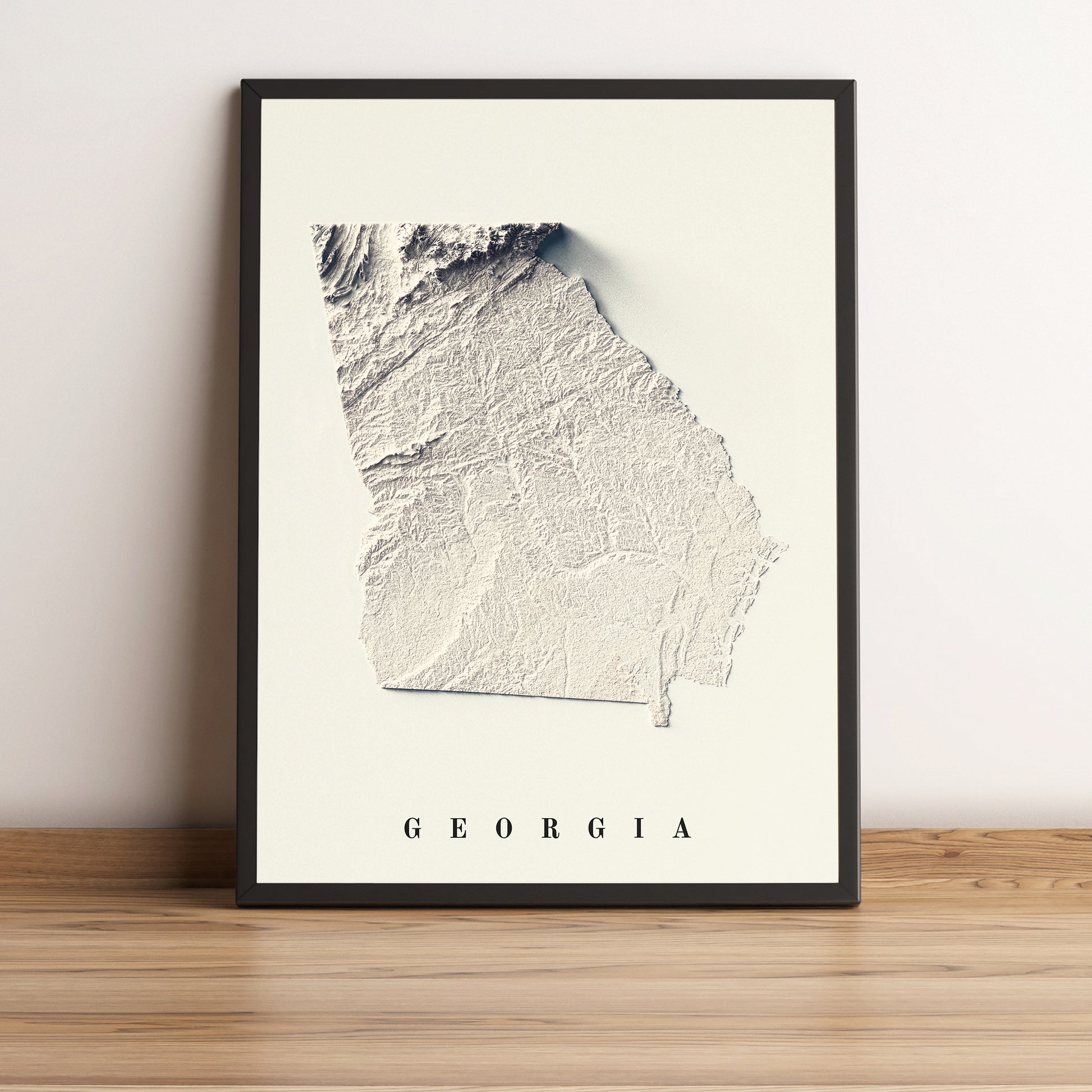 Georgia (USA) framed shaded relief map in black frame. Artistic print highlighting mountains with a realistic terrain effect