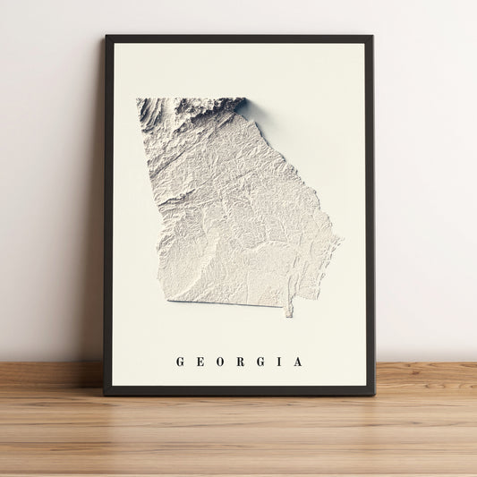 Georgia (USA) framed shaded relief map in black frame. Artistic print highlighting mountains with a realistic terrain effect