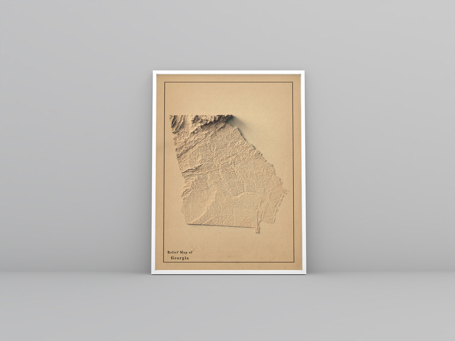 Georgia (USA) vintage framed shaded relief map in white frame. Artistic print highlighting mountains with a realistic 3d effect