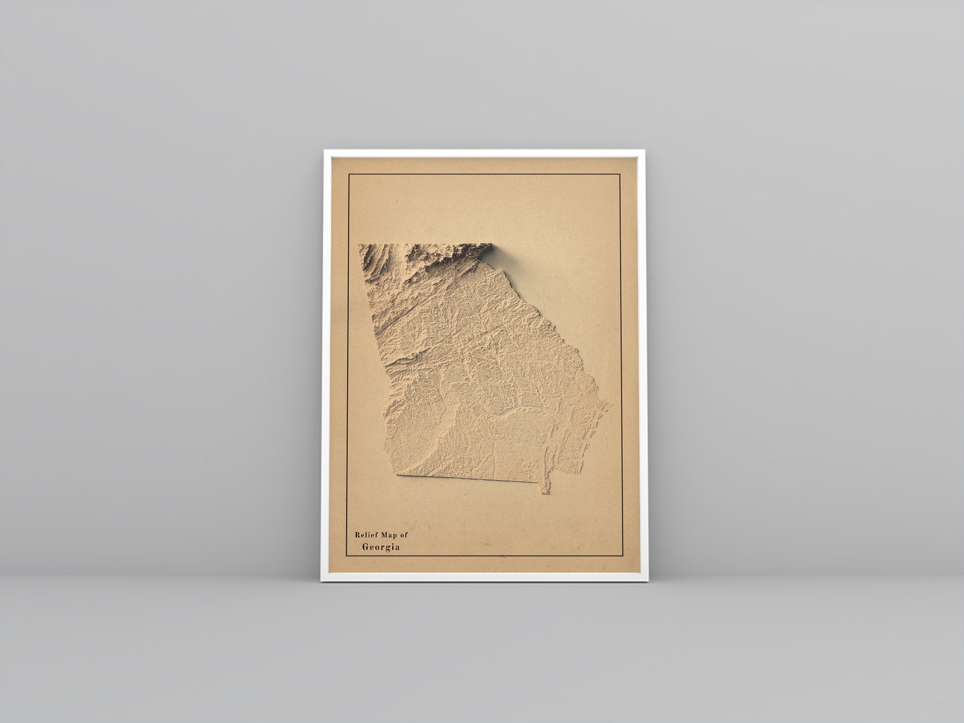 Georgia (USA) vintage framed shaded relief map in white frame. Artistic print highlighting mountains with a realistic 3d effect