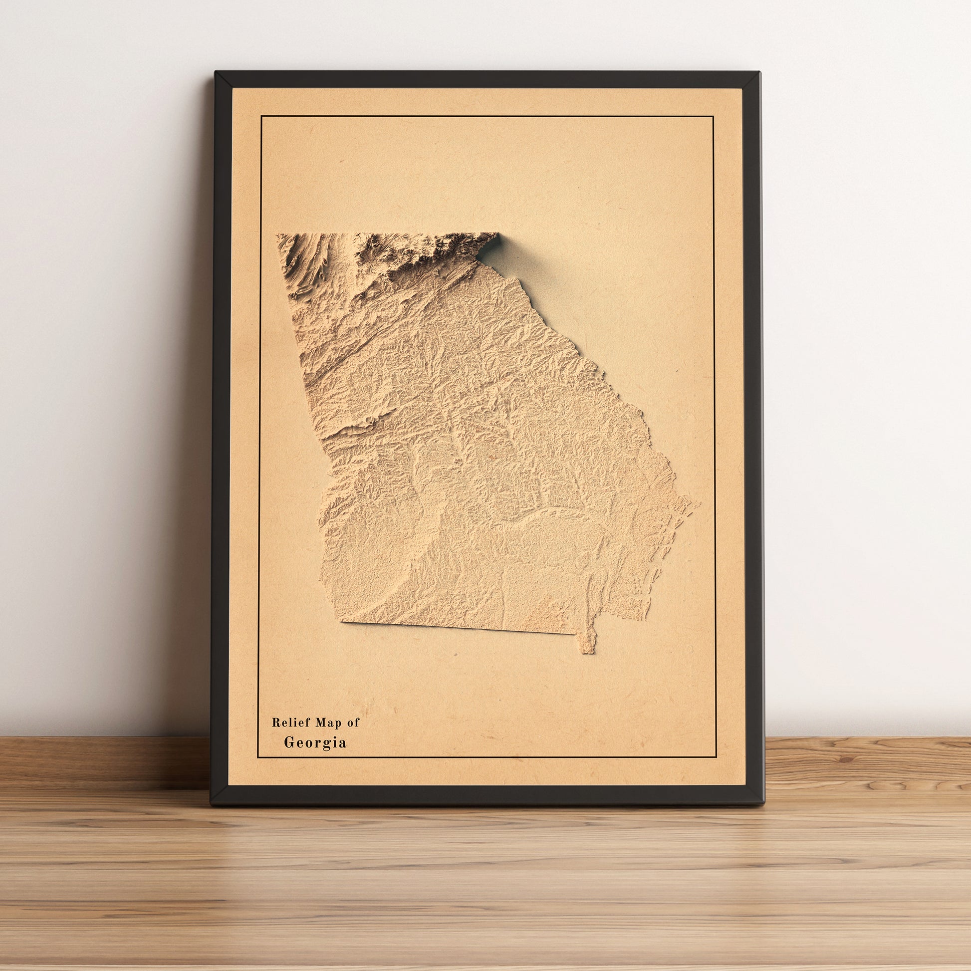 Georgia (USA) vintage framed shaded relief map in black frame. Artistic print highlighting mountains with a realistic terrain effect
