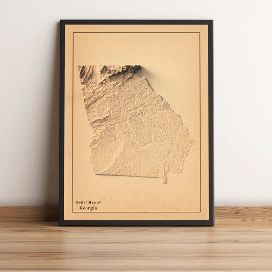 Georgia (USA) vintage framed shaded relief map in black frame. Artistic print highlighting mountains with a realistic terrain effect