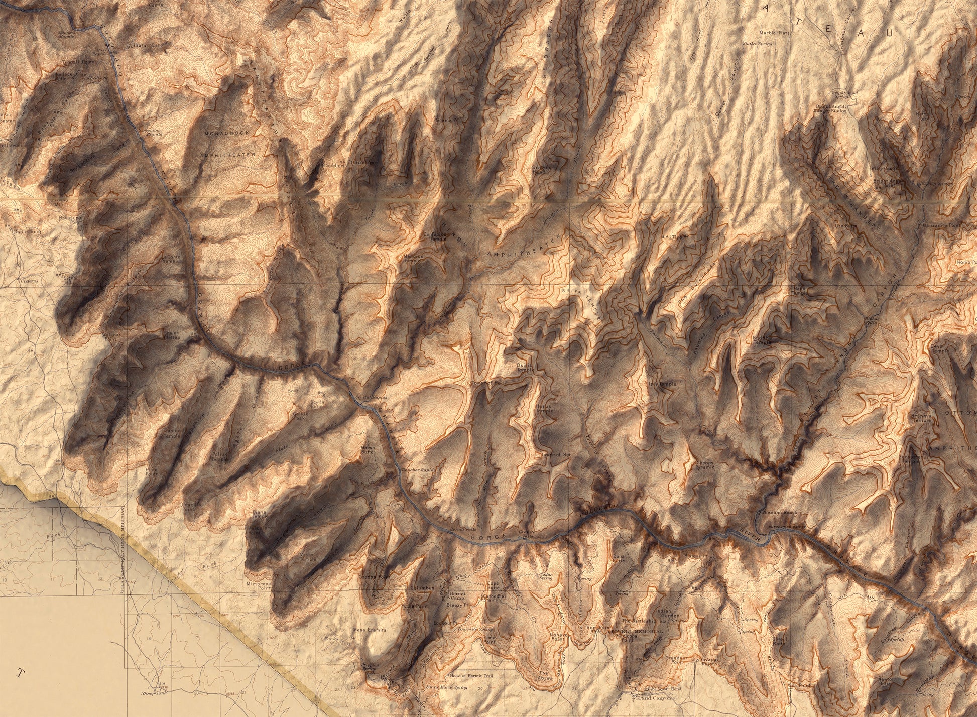 Detailed close-up of a vintage Grand Canyon (Arizona) relief map, showcasing textured topography and geographic contours