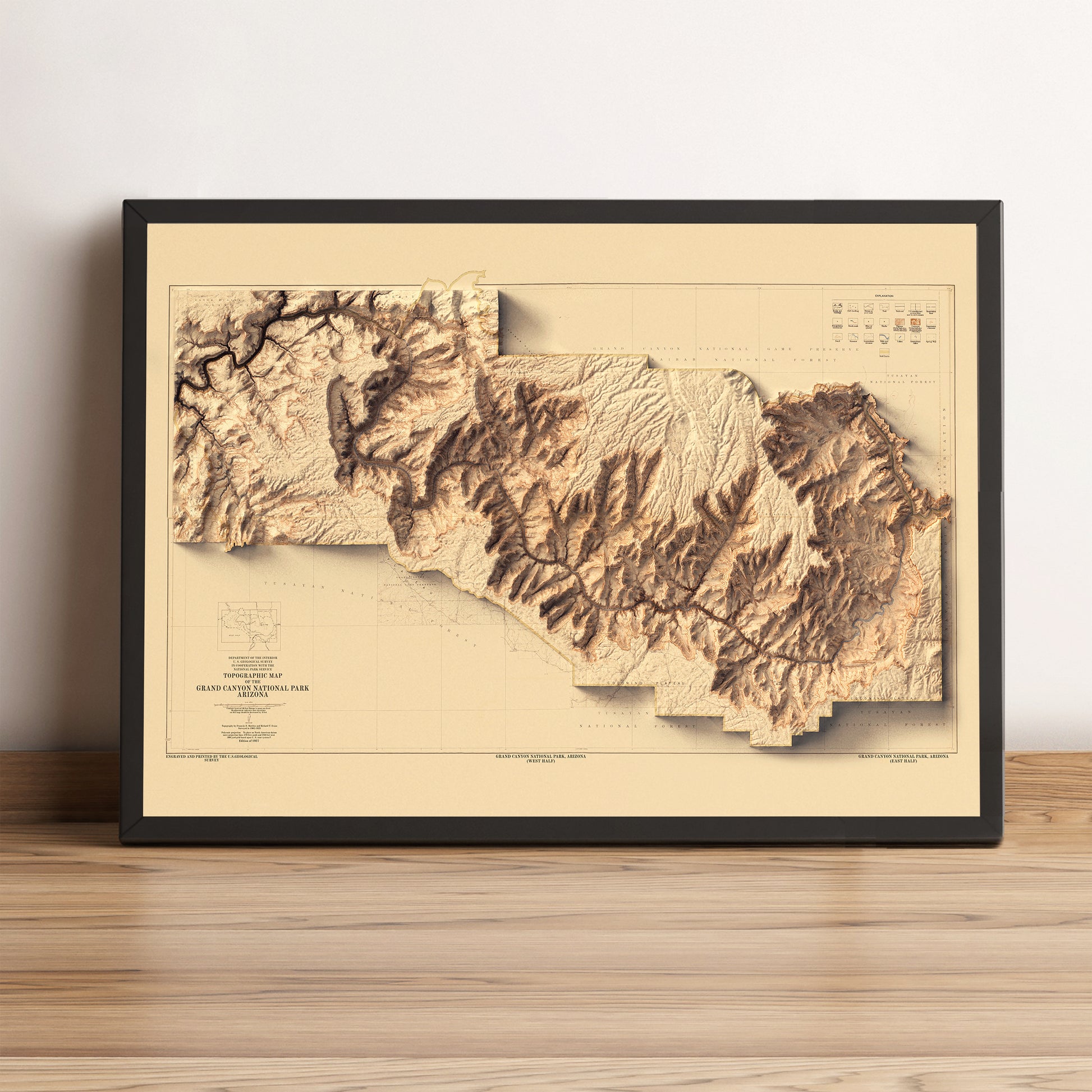 Grand Canyon (Arizona) vintage framed shaded relief map in black frame. Artistic print highlighting mountains with a realistic terrain effect