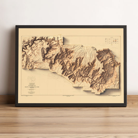Grand Canyon (Arizona) vintage framed shaded relief map in black frame. Artistic print highlighting mountains with a realistic terrain effect