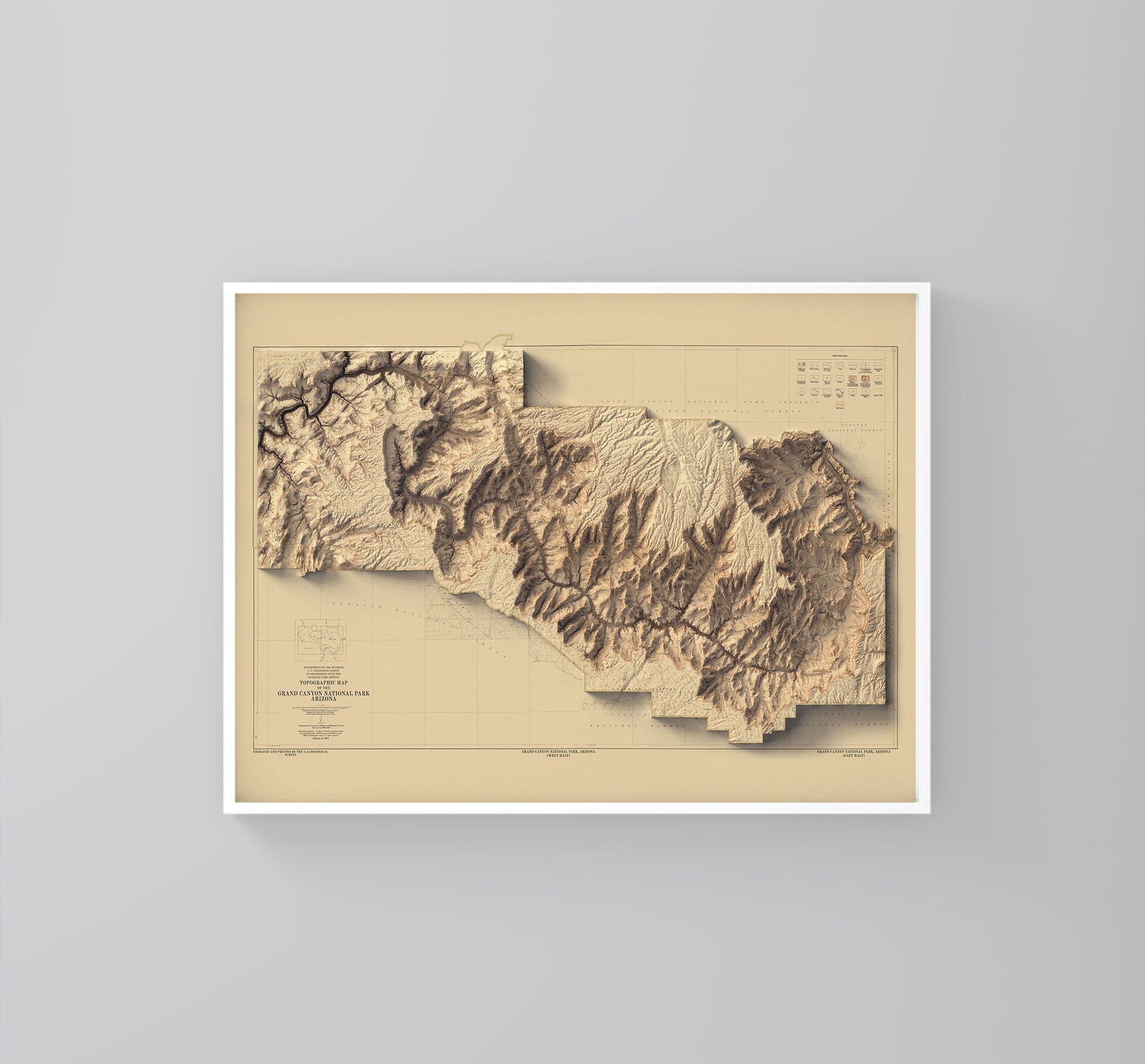Grand Canyon (Arizona) vintage framed shaded relief map in white frame. Artistic print highlighting mountains with a realistic 3d effect