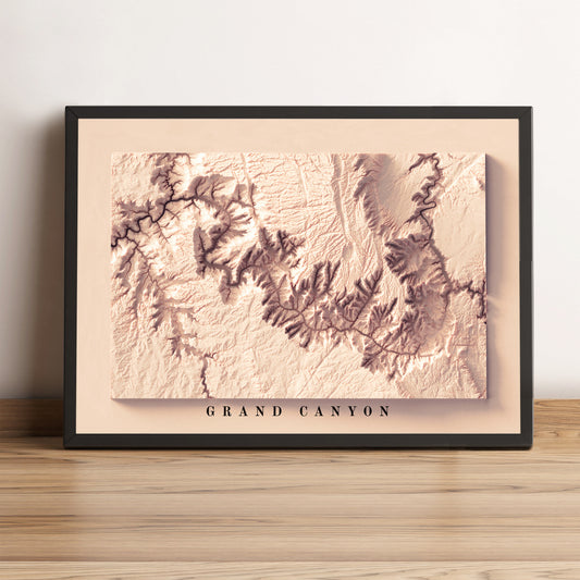 Grand Canyon (Arizona) vintage framed shaded relief map in black frame. Artistic print highlighting mountains with a realistic terrain effect