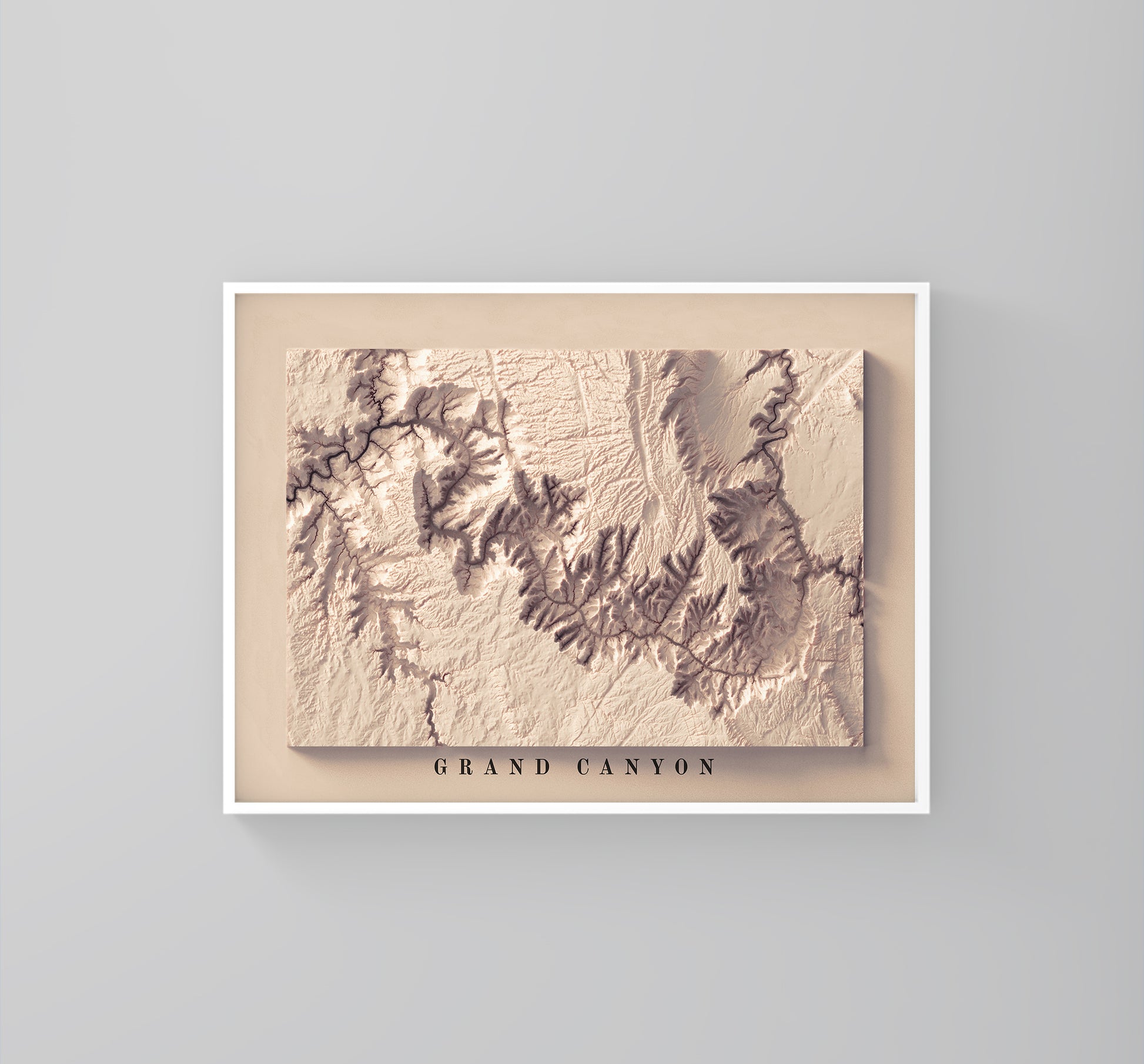 Grand Canyon (Arizona) vintage framed shaded relief map in white frame. Artistic print highlighting mountains with a realistic 3d effect