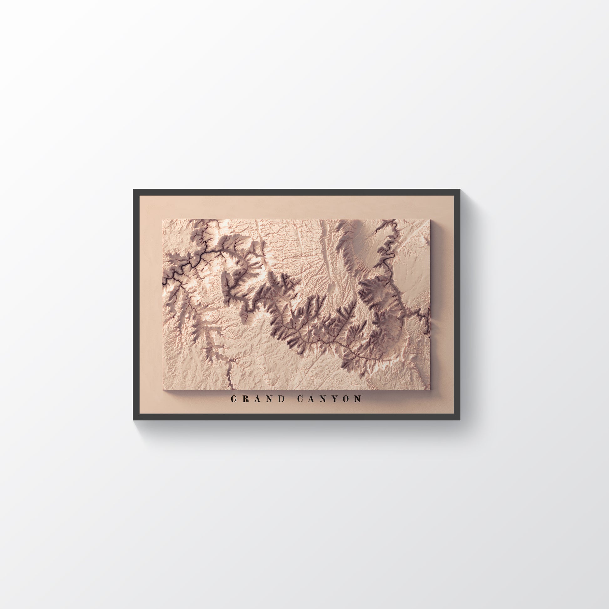 Grand Canyon (Arizona) vintage framed shaded relief map in black frame. Artistic print highlighting mountains with a realistic terrain effect