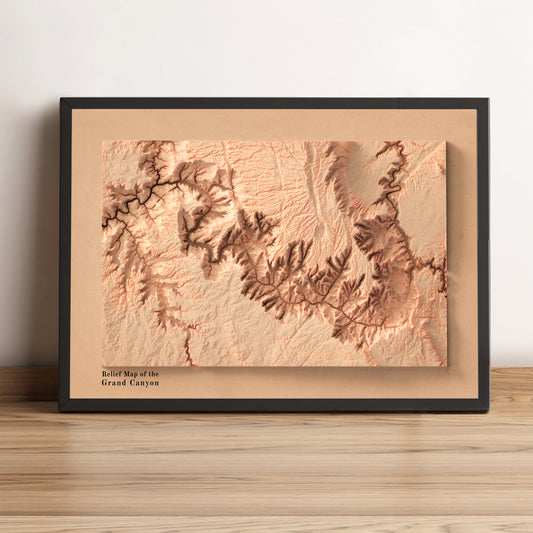Grand Canyon (Arizona) vintage framed shaded relief map in black frame. Artistic print highlighting mountains with a realistic terrain effect