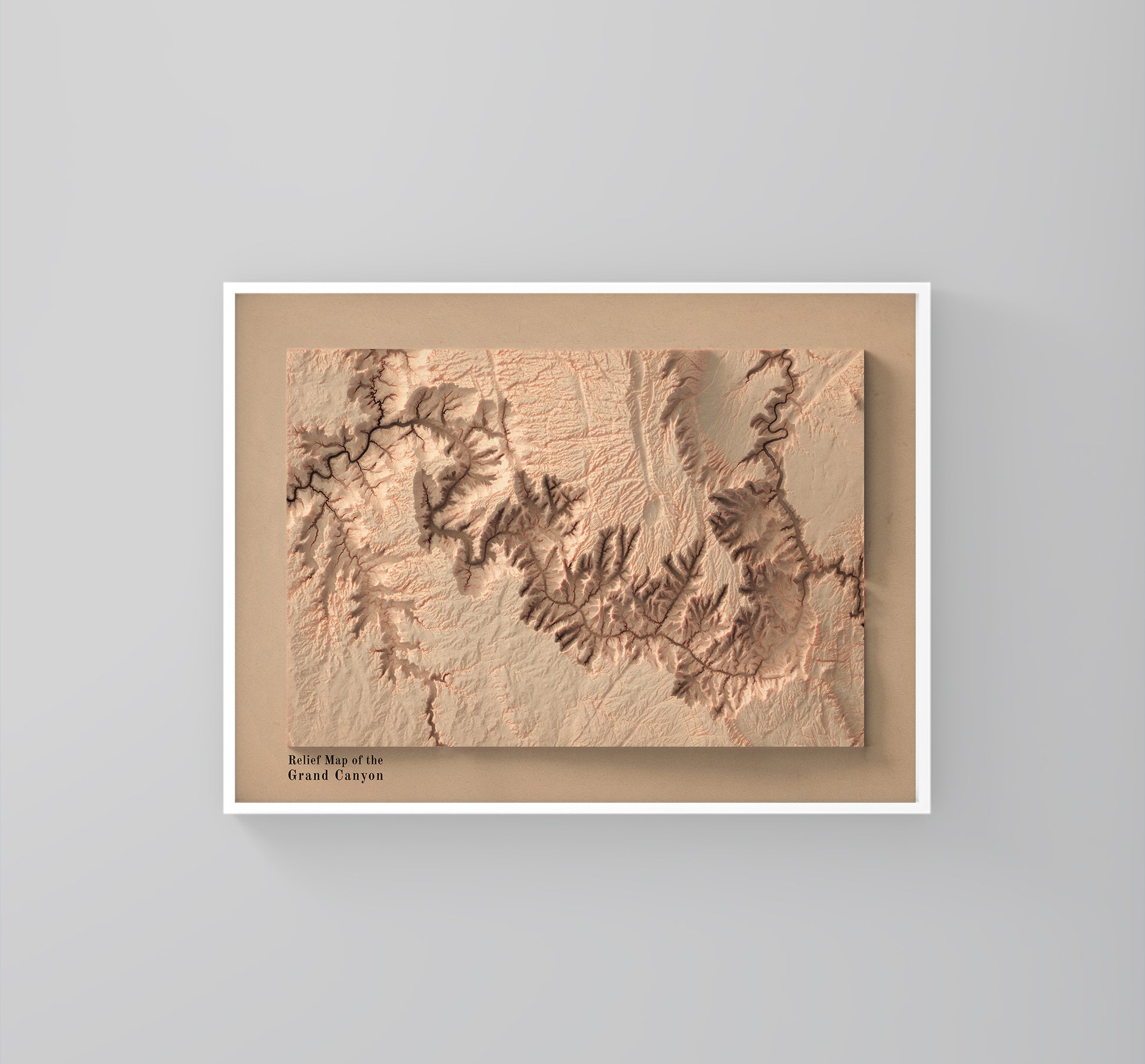 Grand Canyon (Arizona) vintage framed shaded relief map in white frame. Artistic print highlighting mountains with a realistic 3d effect