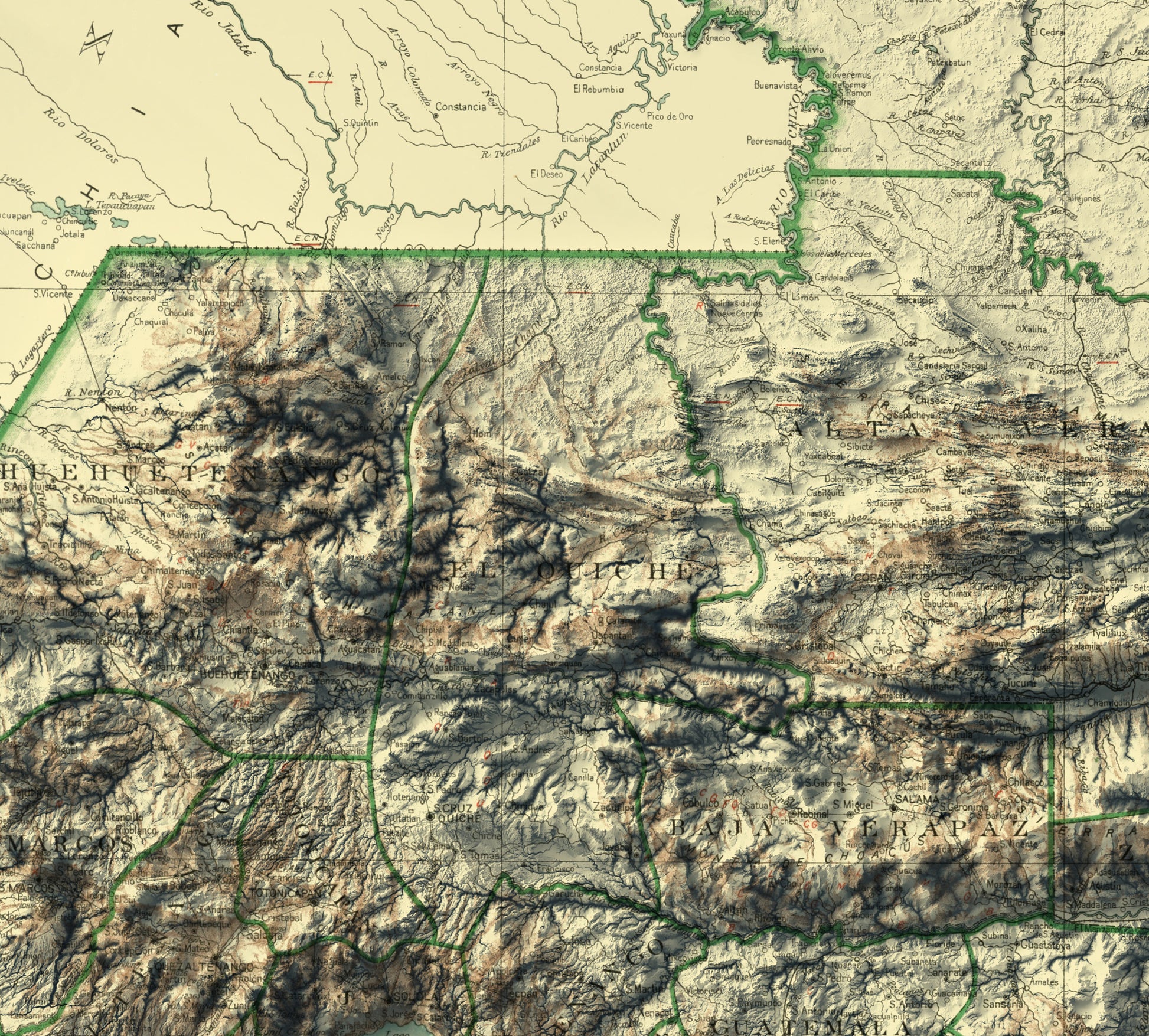 Detailed close-up of a vintage Guatemala relief map, showcasing textured topography and geographic contours