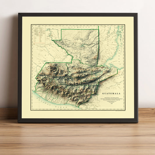 Guatemala vintage framed shaded relief map in black frame. Artistic print highlighting mountains with a realistic terrain effect