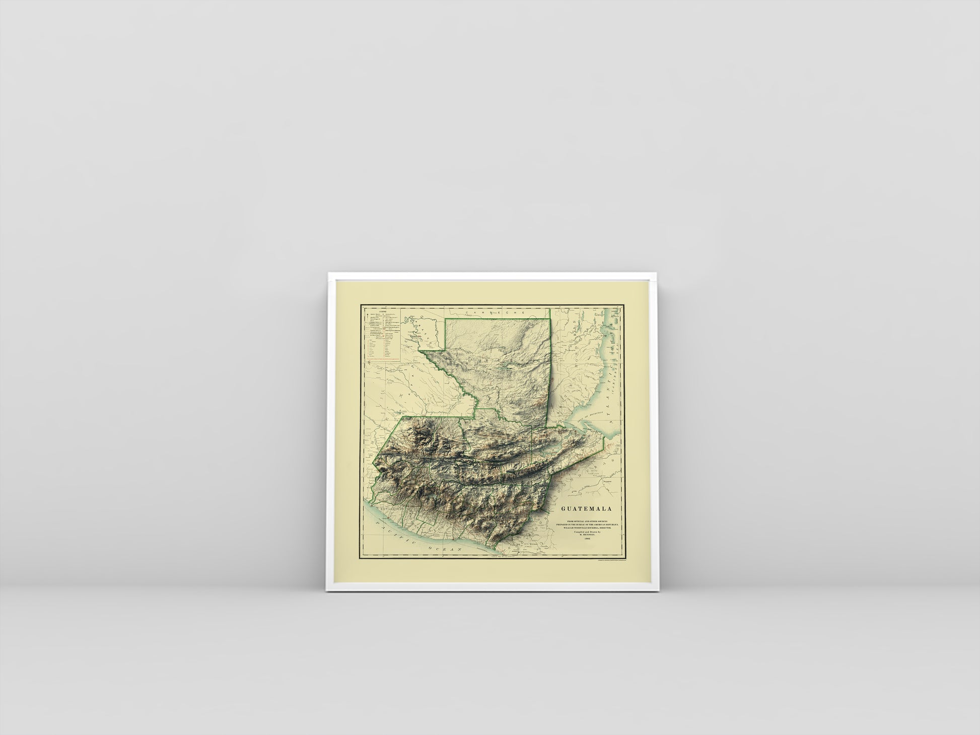 Guatemala vintage framed shaded relief map in white frame. Artistic print highlighting mountains with a realistic 3d effect