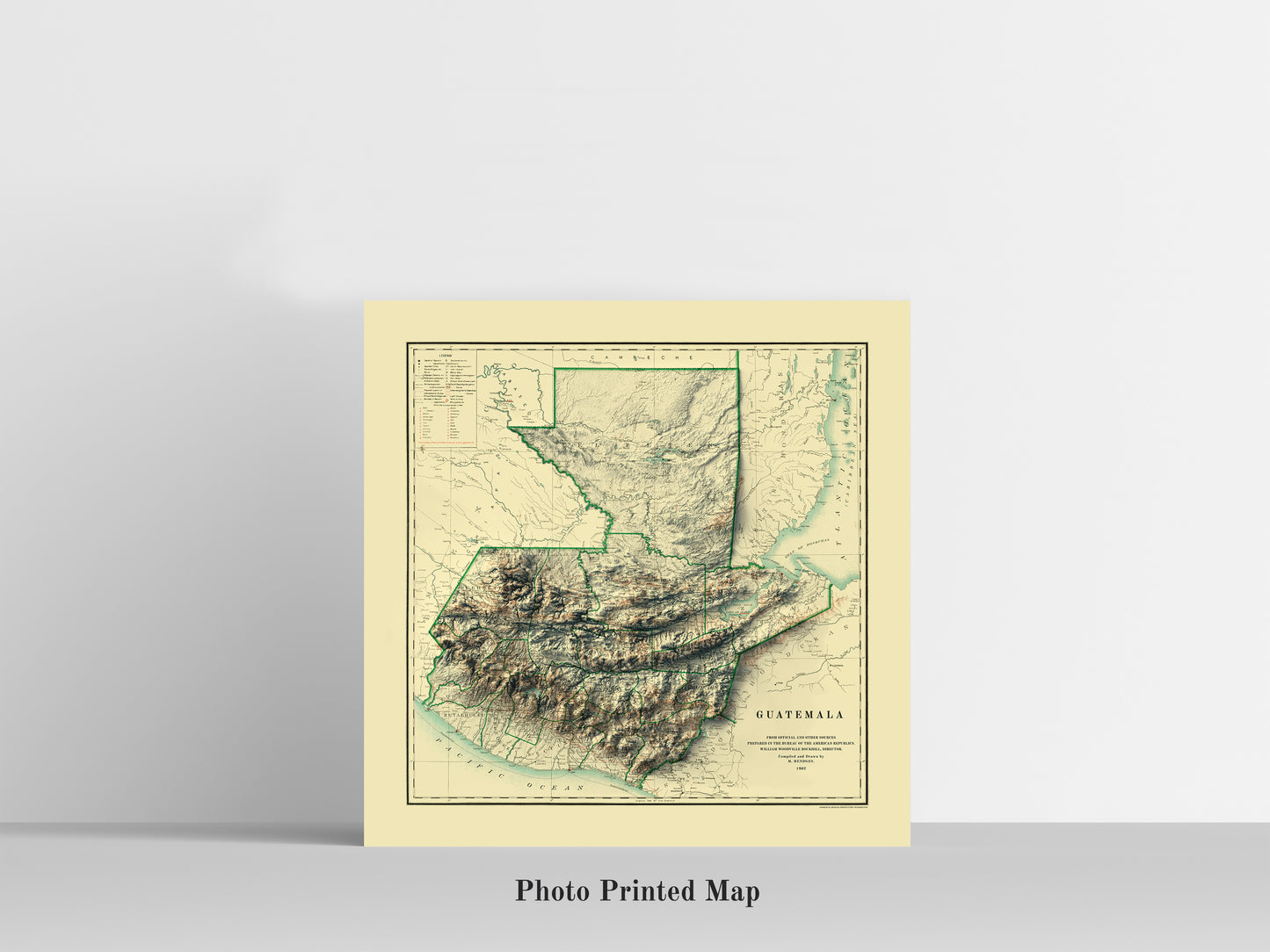 Guatemala Shaded relief map print, highlighting topography. Ideal for home decor and geography lovers