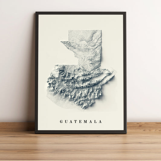 Guatemala framed shaded relief map in black frame. Artistic print highlighting mountains with a realistic terrain effect