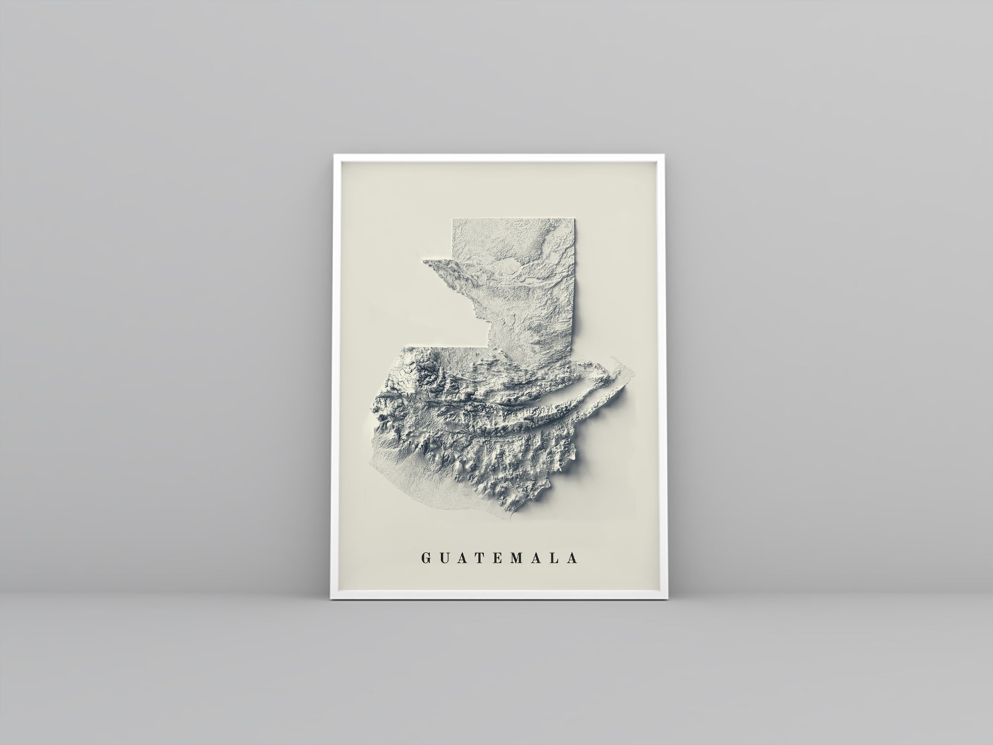 Guatemala framed shaded relief map in white frame. Artistic print highlighting mountains with a realistic 3d effect