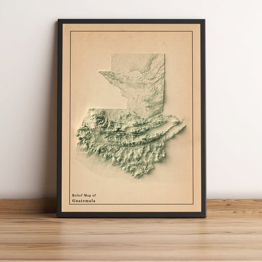 Guatemala vintage framed shaded relief map in black frame. Artistic print highlighting mountains with a realistic terrain effect