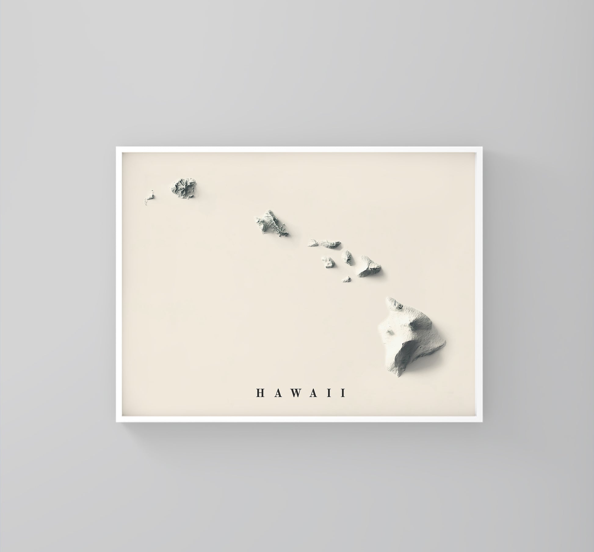 Hawaii framed shaded relief map in white frame. Artistic print highlighting mountains with a realistic 3d effect