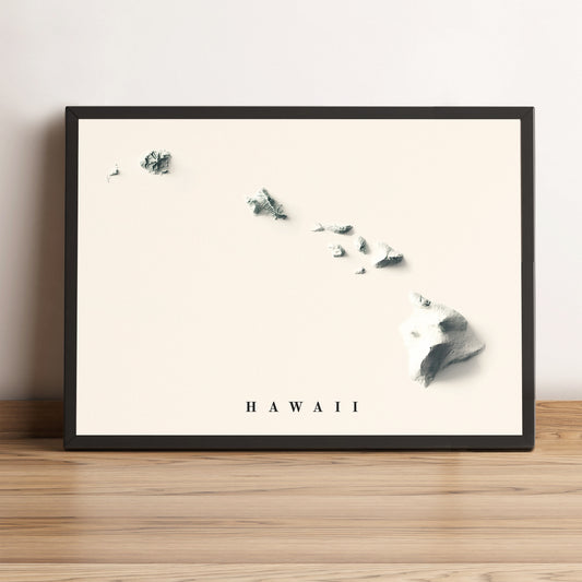 Hawaii (USA) framed shaded relief map in black frame. Artistic print highlighting mountains with a realistic terrain effect