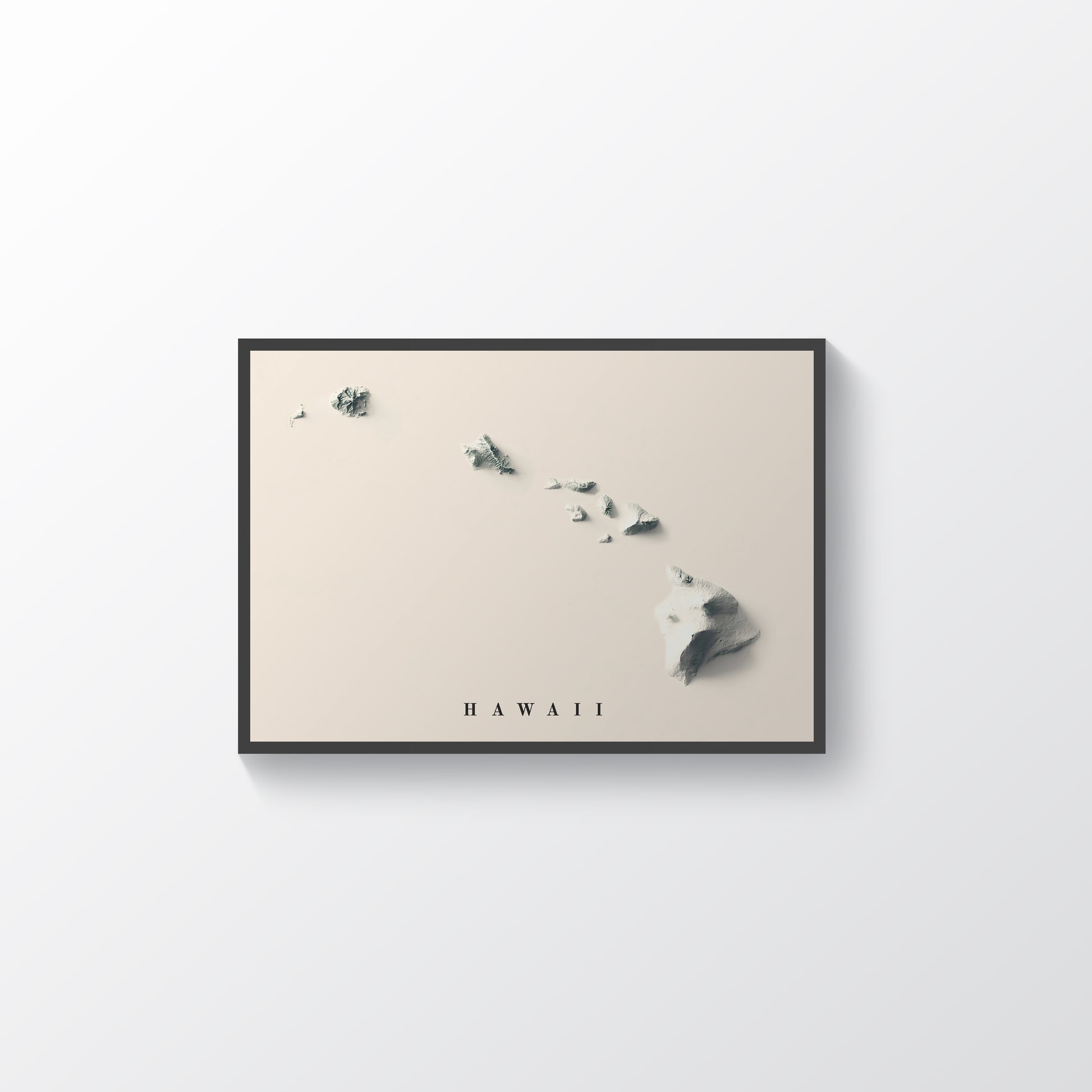 Hawaii (USA) vintage framed shaded relief map in black frame. Artistic print highlighting mountains with a realistic terrain effect