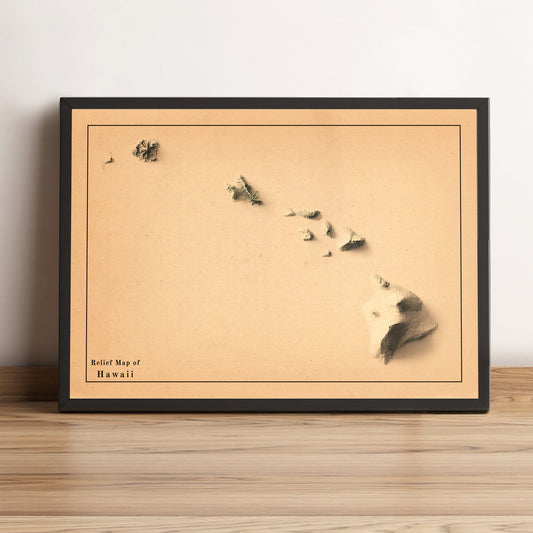 Hawaii (USA) vintage framed shaded relief map in black frame. Artistic print highlighting mountains with a realistic terrain effect