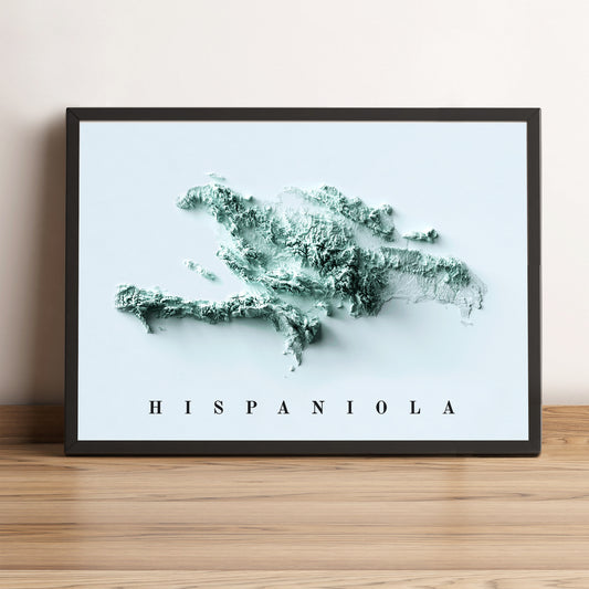 Hispaniola Island framed shaded relief map in black frame. Artistic print highlighting mountains with a realistic terrain effect