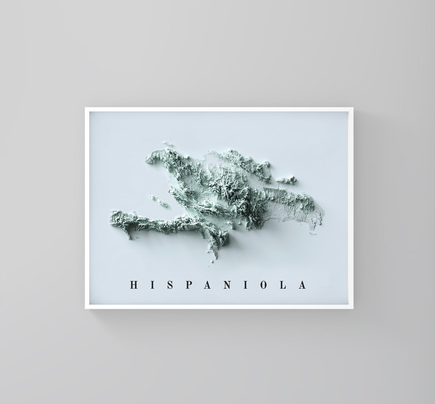 Hispaniola Island, Dominican Republic & Haiti framed shaded relief map in white frame. Artistic print highlighting mountains with a 3d effect