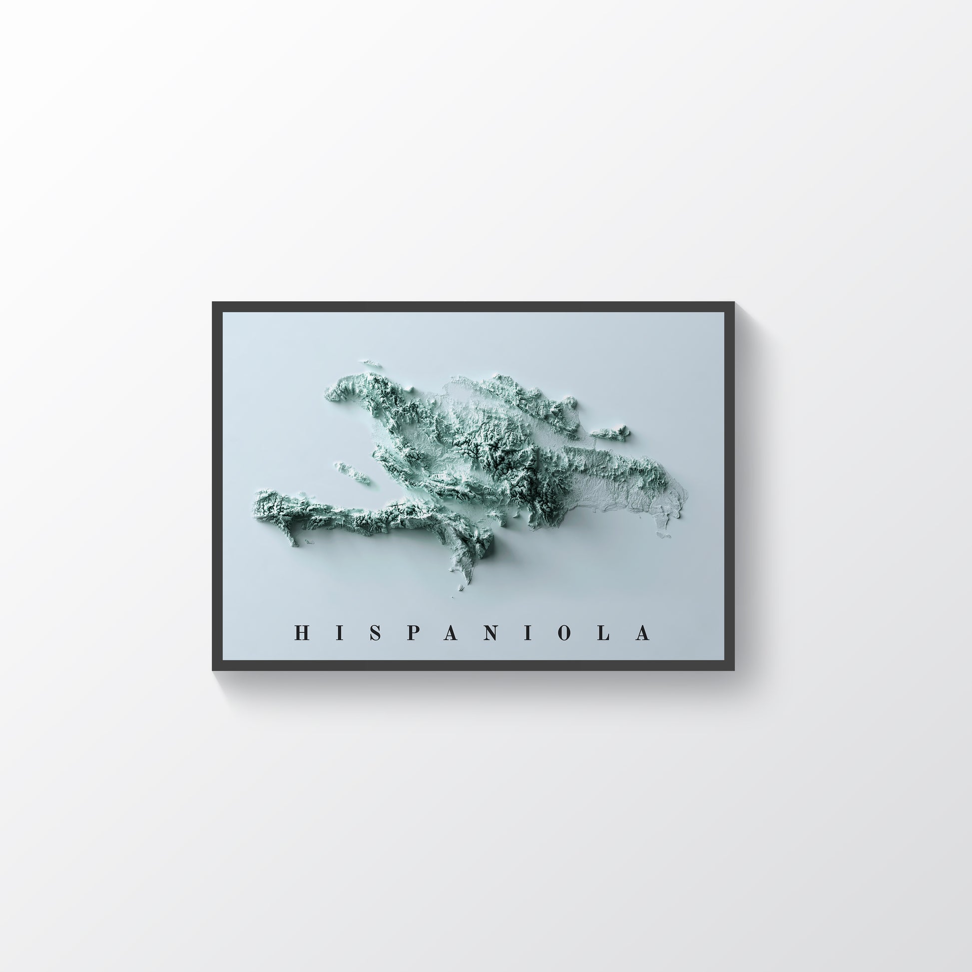 Hispaniola Island framed shaded relief map in black frame. Artistic print highlighting mountains with a realistic terrain effect