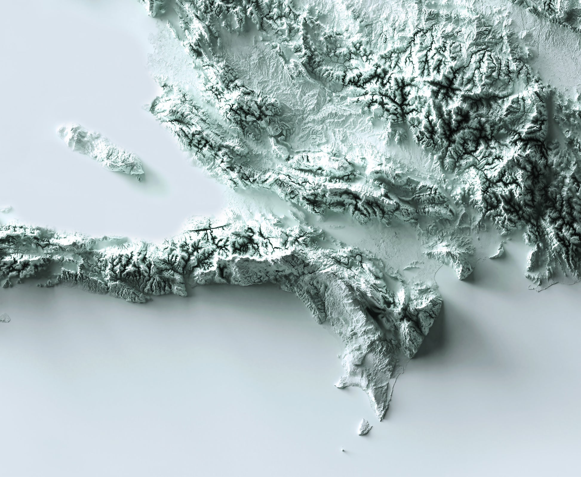 Detailed close-up of a Hispaniola Island (Haiti & Dominican Republic) relief map, showcasing textured topography and geographic contours