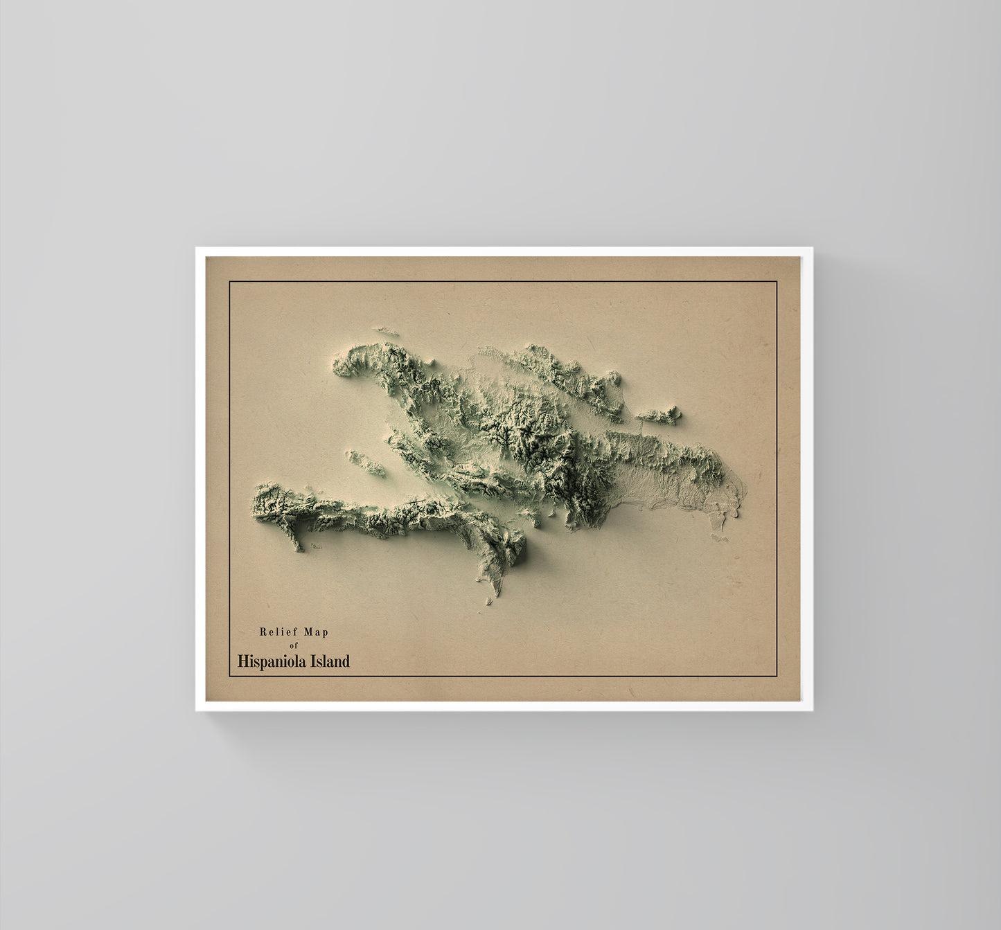 Hispaniola Island, Dominican Republic & Haiti framed shaded relief map in white frame. Artistic print highlighting mountains with a 3d effect