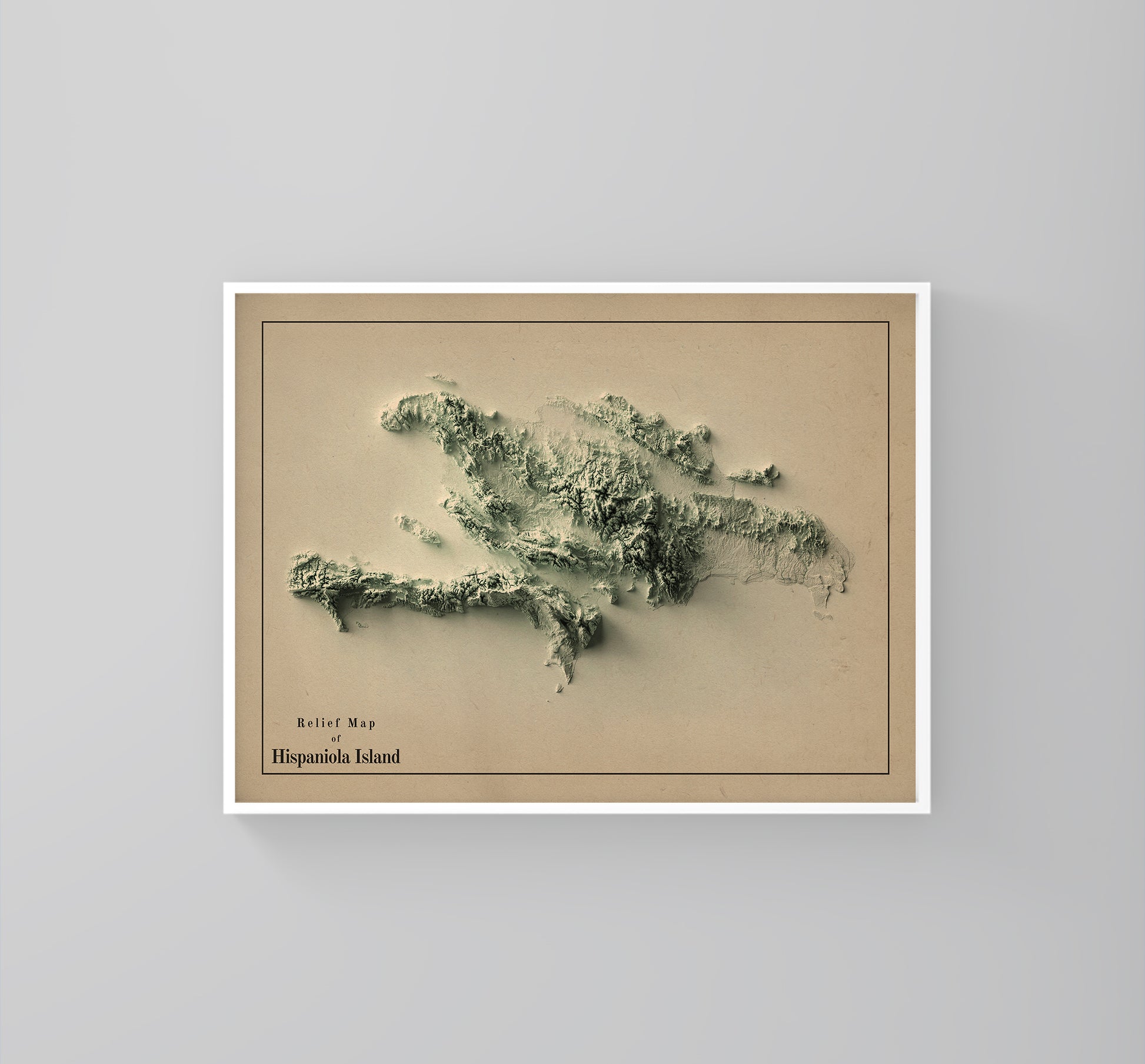 Hispaniola Island, Dominican Republic & Haiti framed shaded relief map in white frame. Artistic print highlighting mountains with a 3d effect