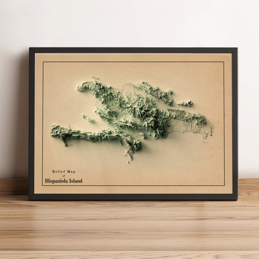 Hispaniola Island vintage framed shaded relief map in black frame. Artistic print highlighting mountains with a realistic terrain effect