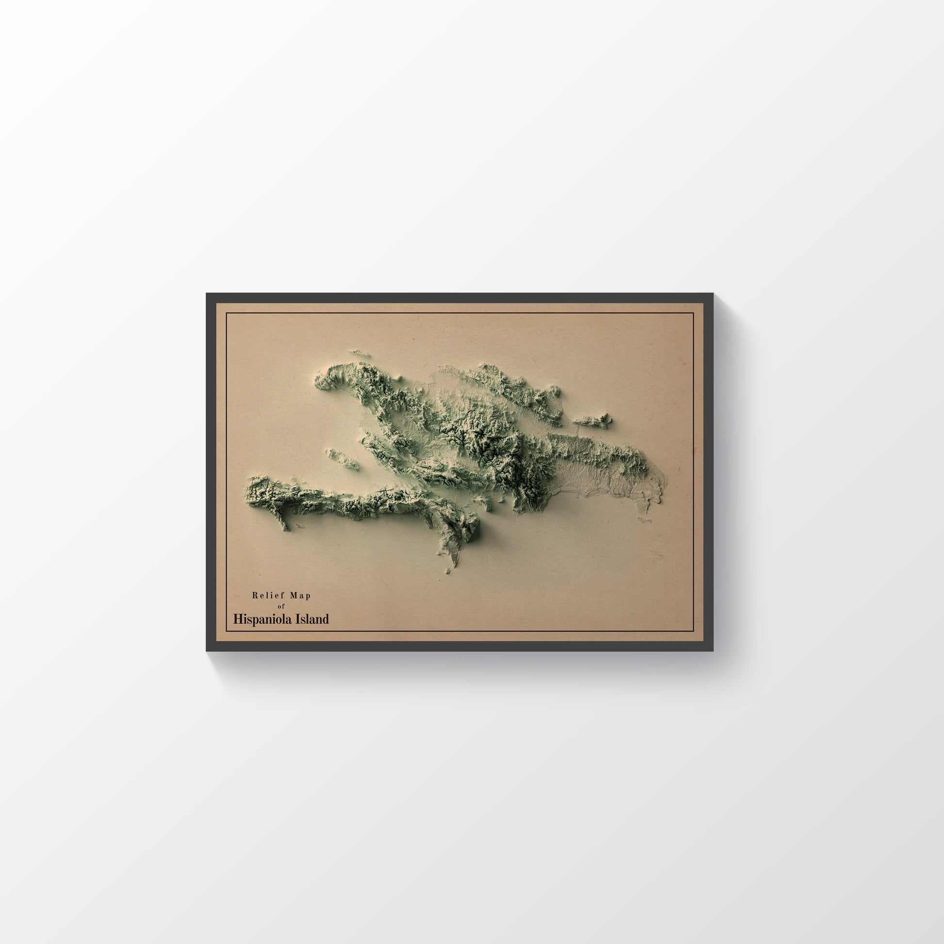 Hispaniola Island vintage framed shaded relief map in black frame. Artistic print highlighting mountains with a realistic terrain effect